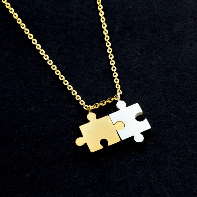 double jigsaw puzzle minimalist pendant necklace